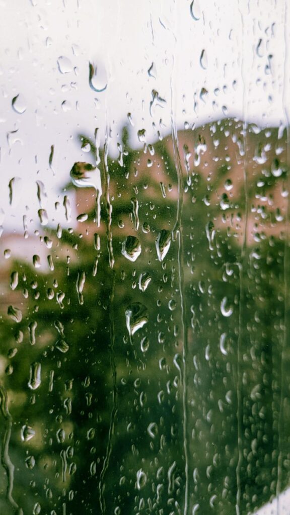 Rain droplets on a glass window with blurred greenery outside, capturing a tranquil rainy day.